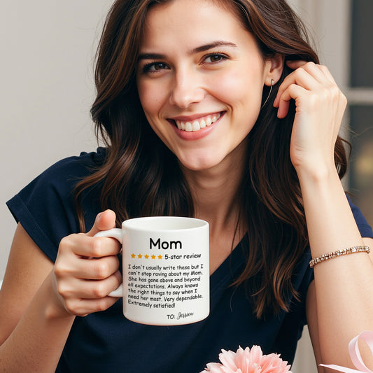 Personalised Five-Star Review ceramic coffee mug with name 'Mum' — custom 11oz/15oz gift for Mum