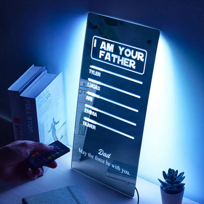 Personalised Father’s Day lightsaber mirror lamp illuminated on a desk, USB powered LED mood light