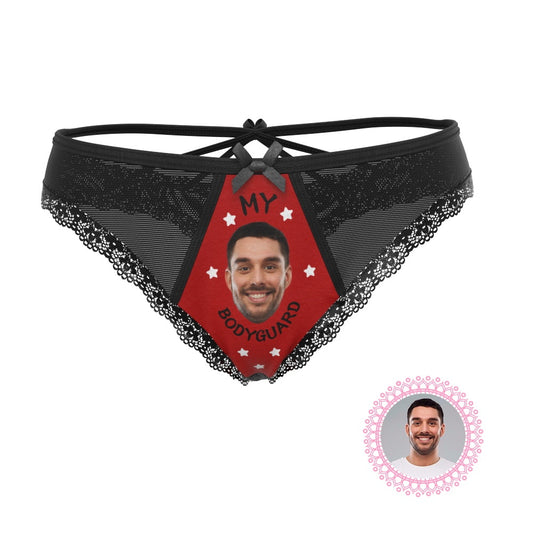 Personalised Face Thong 'MY BODYGUARD' – black lace modal sexy panties with a vivid custom photo print on the front and elastic waistband, ideal personalised underwear gift for boyfriend or husband