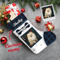 Rear and side view of a personalised pet photo Christmas stocking revealing secure stitching, hanging lanyard and soft velvet backing