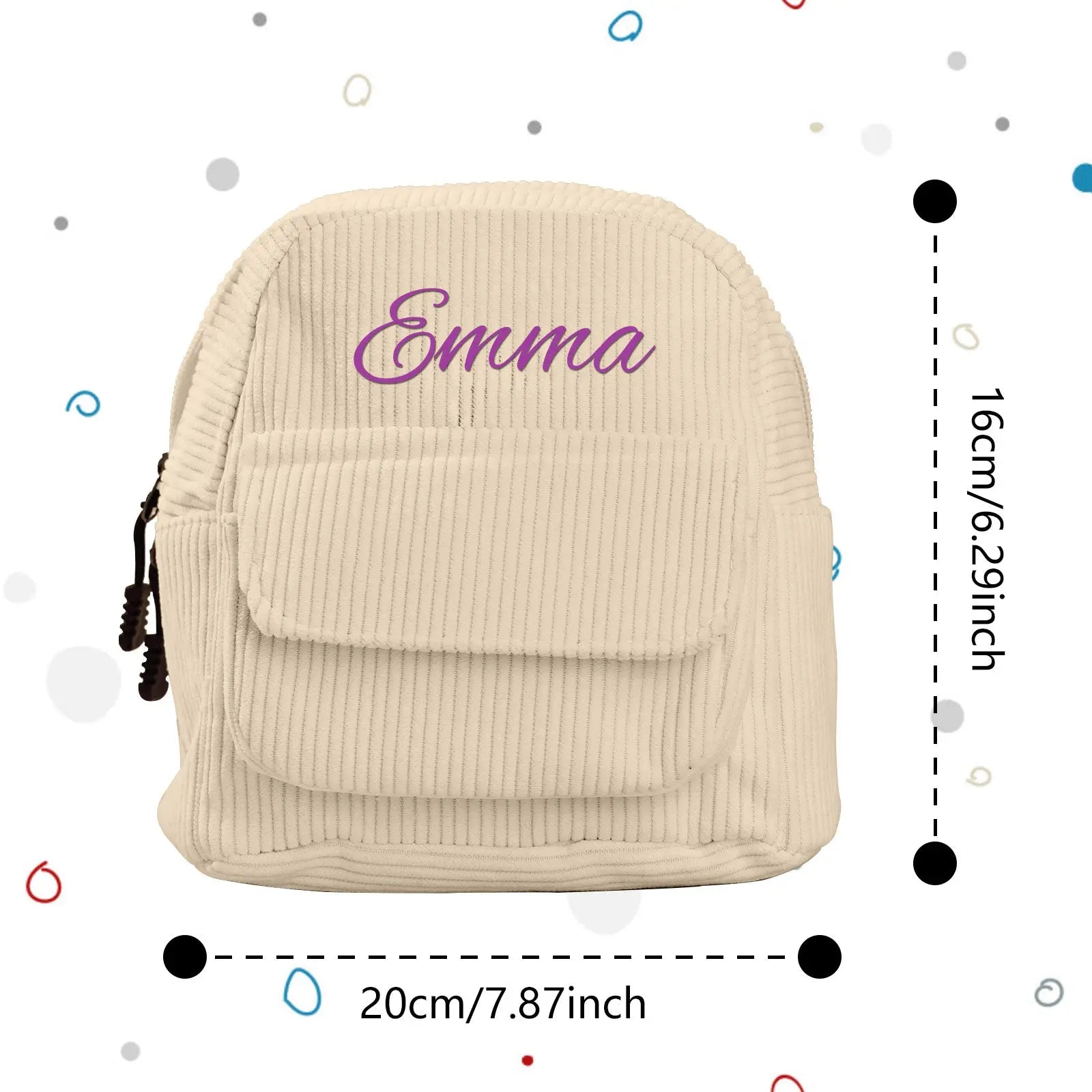 Close-up of embroidered name on mini corduroy backpack showing neat stitching – personalised school bag detail