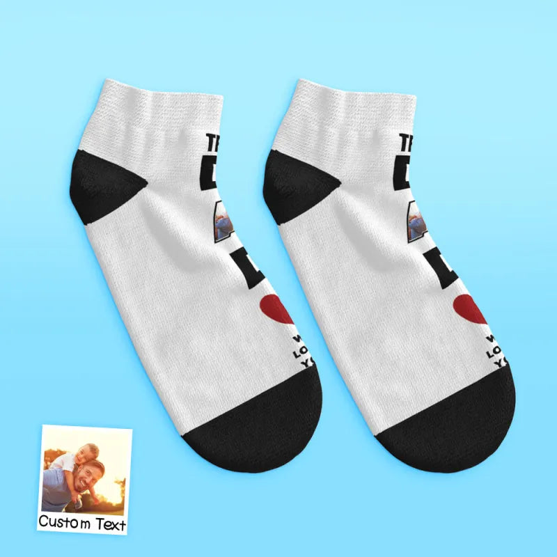 Single personalised low-cut ankle face sock on white background displaying clear custom photo print — novelty dad socks