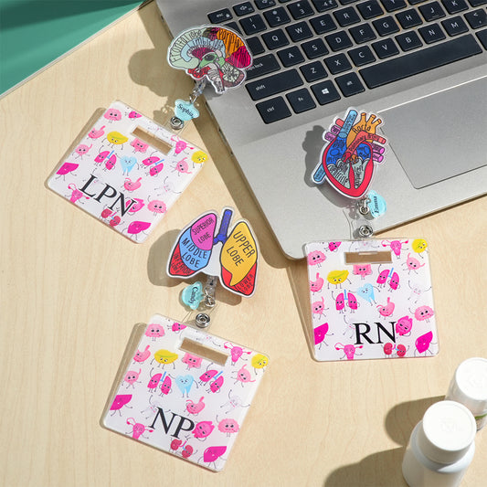 Personalised anatomical badge reel charm featuring acrylic heart, brain and lungs – retractable ID holder for nurses and doctors