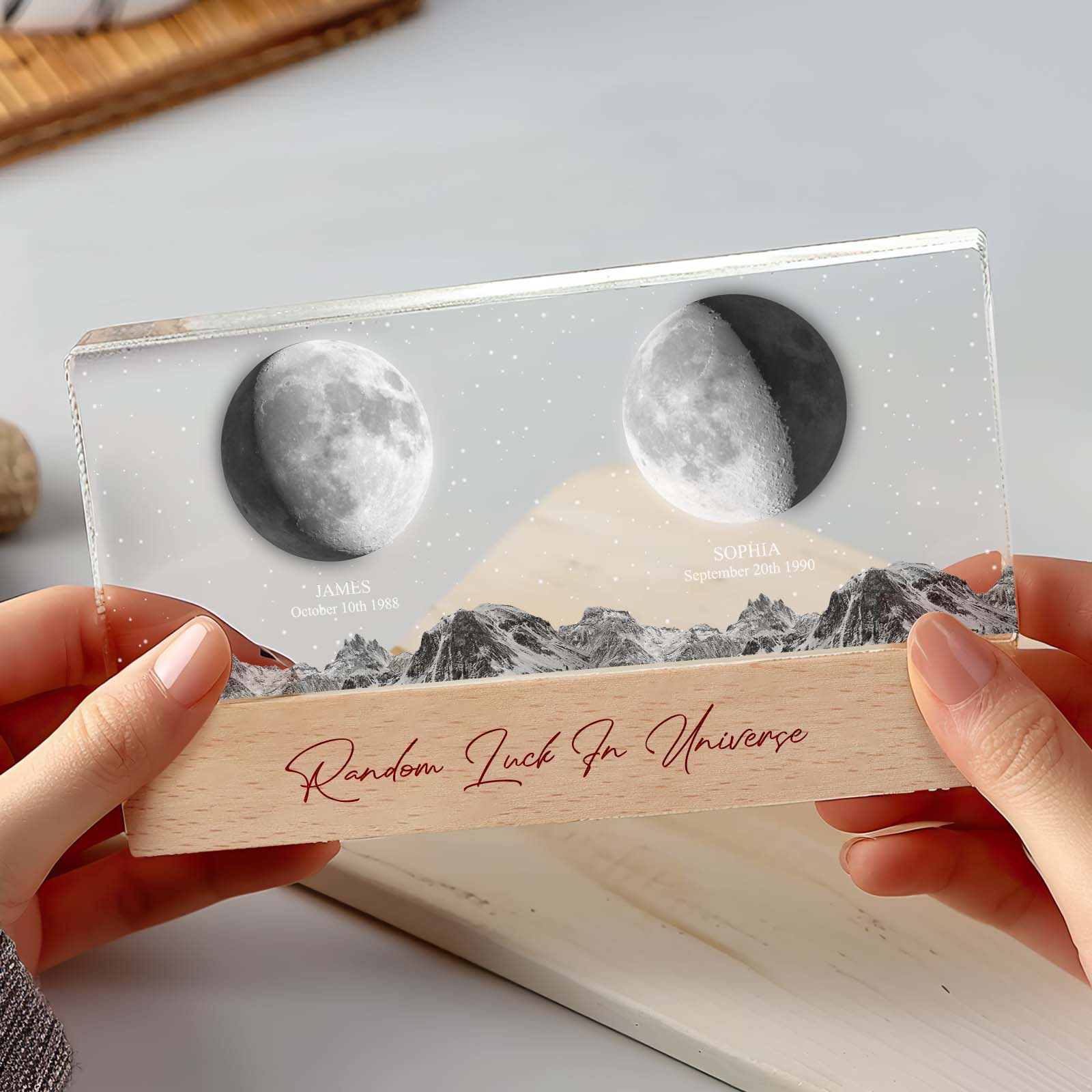 Angled view of personalised moon phase night light showing engraved moon phases and crisp custom photo on clear acrylic – bespoke anniversary gift for couples