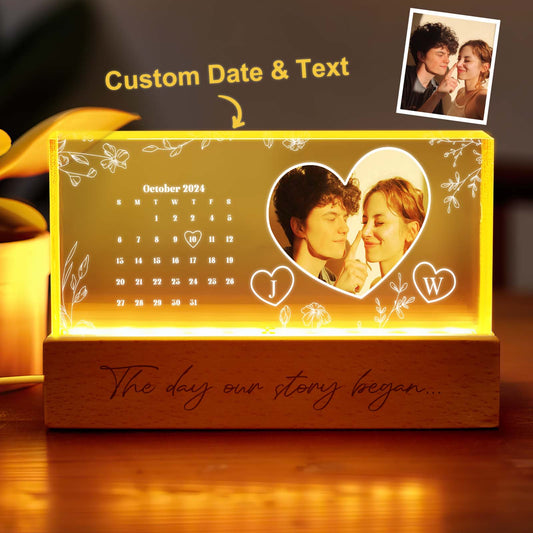 Personalised Photo Night Light with custom calendar design featuring a couple’s photo – acrylic LED bedside lamp, ideal personalised anniversary or Valentine’s Day gift