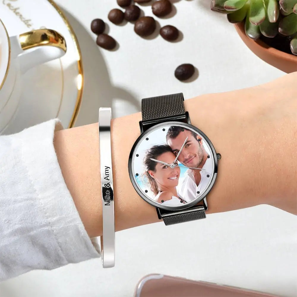 Rose gold personalised photo watch close up showcasing engraved details and custom printed dial perfect valentines gift