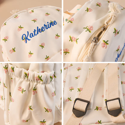 Child wearing personalised flower girl schoolbag – custom name student backpack suited to school runs and weekend outings, 31x13x40cm