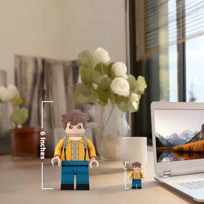 Front view of a 3D printed custom giant minifig personalised from a photo — full‑body standing personalised photo minifigure in bright clothing, PLA eco‑friendly print