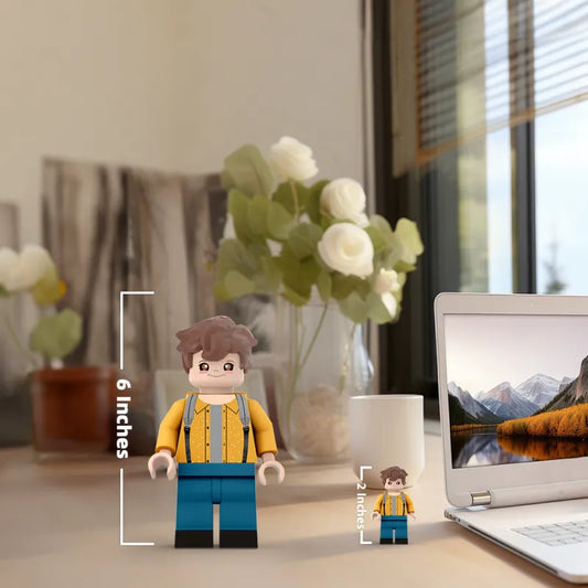 Front view of a 3D printed custom giant minifig personalised from a photo — full‑body standing personalised photo minifigure in bright clothing, PLA eco‑friendly print