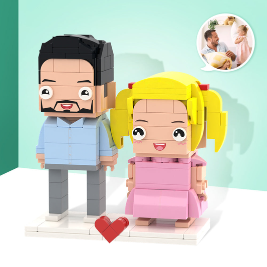 Front view of two personalised custom brick figures depicting a father and child, handcrafted ABS minifigures — perfect personalised gifts for Dad (2 people) for Father's Day