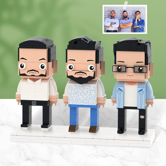 Front view of custom brick figures personalised for three people – bespoke photo block set capturing hairstyles, expressions and clothing as a unique personalised gift
