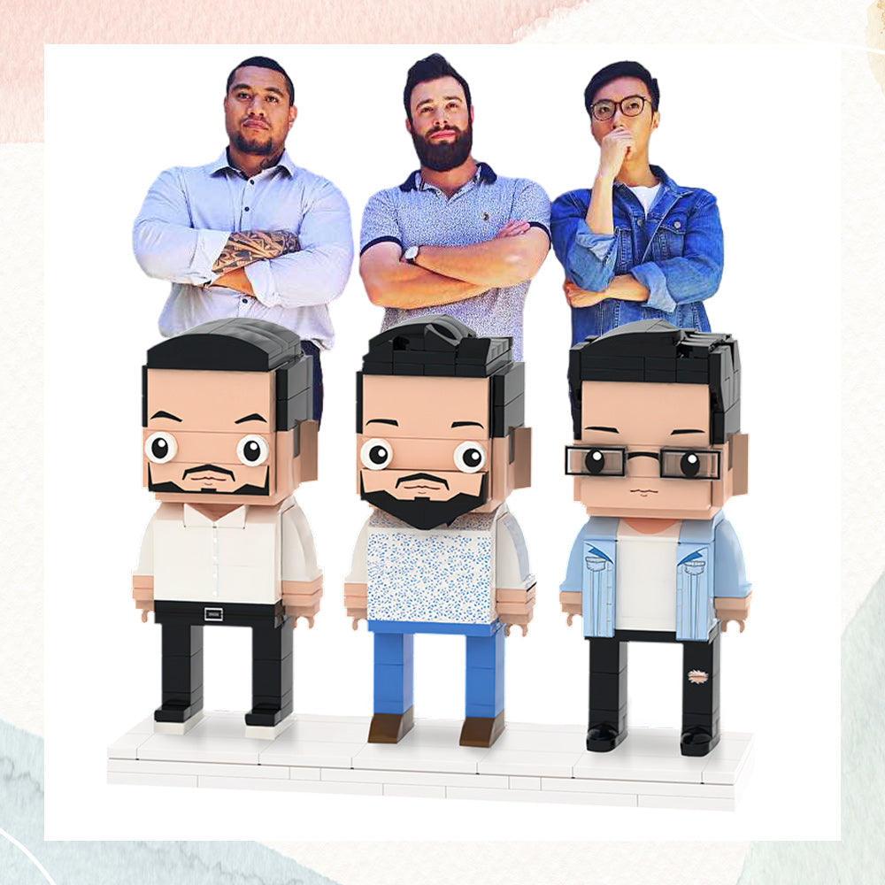 Front view of custom brick figures personalised for three people – bespoke photo block set capturing hairstyles, expressions and clothing as a unique personalised gift