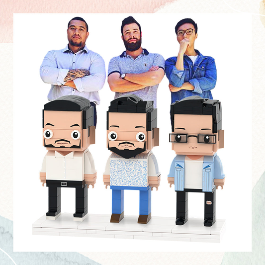 Front view of custom brick figures personalised for three people – bespoke photo block set capturing hairstyles, expressions and clothing as a unique personalised gift
