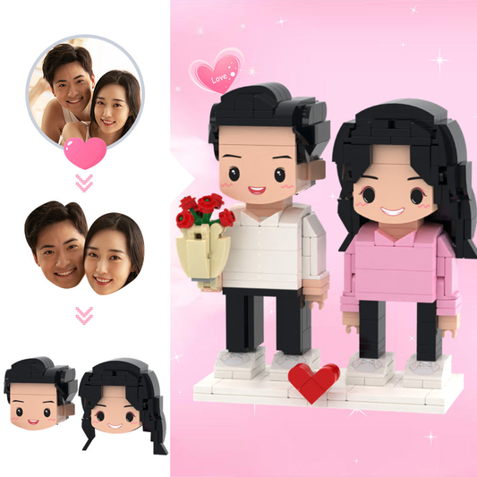 Personalised brick figures of a couple holding a rose – custom couple figurines for Valentine's and wedding gifts, photo-personalised keepsake