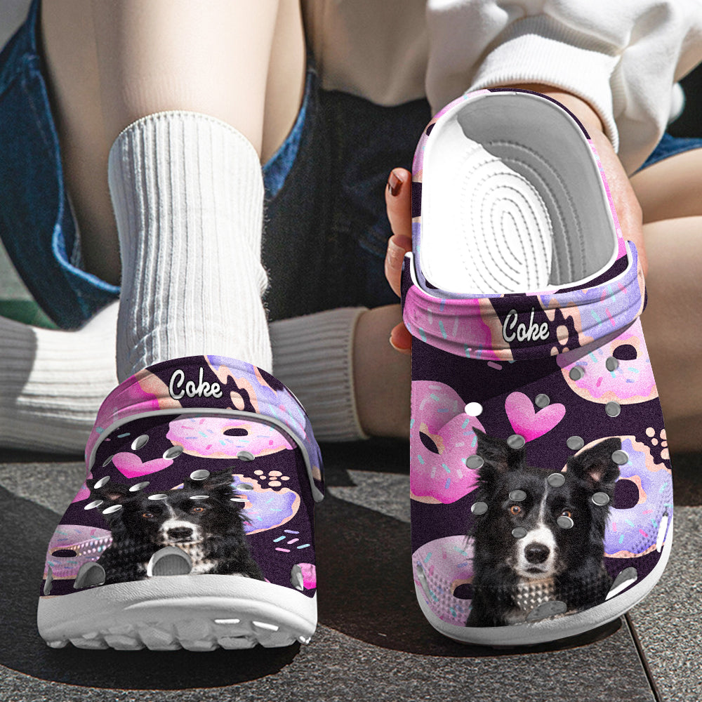 Close-up of personalised pet portrait clog showing detailed custom pet face artwork and name with donut pattern – perfect personalised photo gift