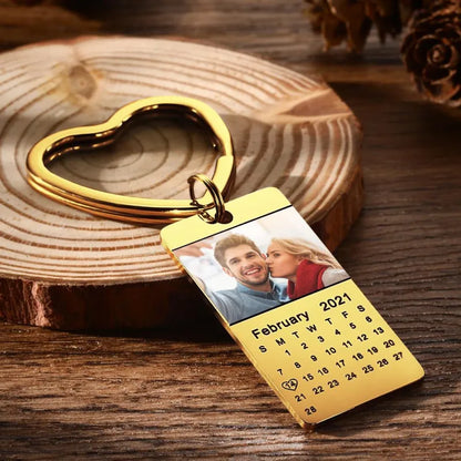 Rose gold-plated Personalised Photo Calendar Keyring — printed photo and selected date on durable stainless-steel, romantic anniversary gift