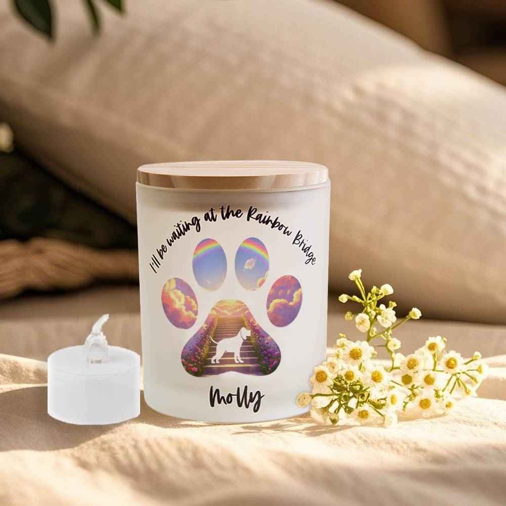 Personalized Dog Silhouette Rainbow Bridge Paw Candle Jar with LED Candle Memorial Gift for Pet Lover