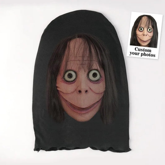 Front view of personalised 3D spoof face mask printed with a high-resolution photo on breathable mesh fabric