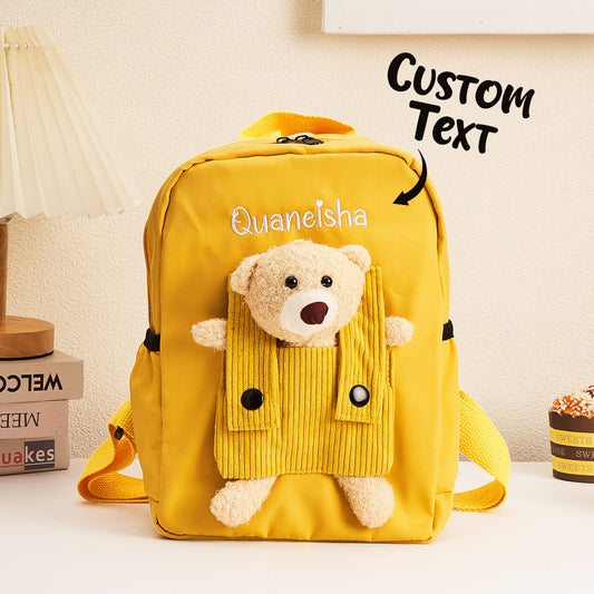 Front view of personalised name embroidery bear backpack — compact custom school bag for kids in durable nylon and polyester