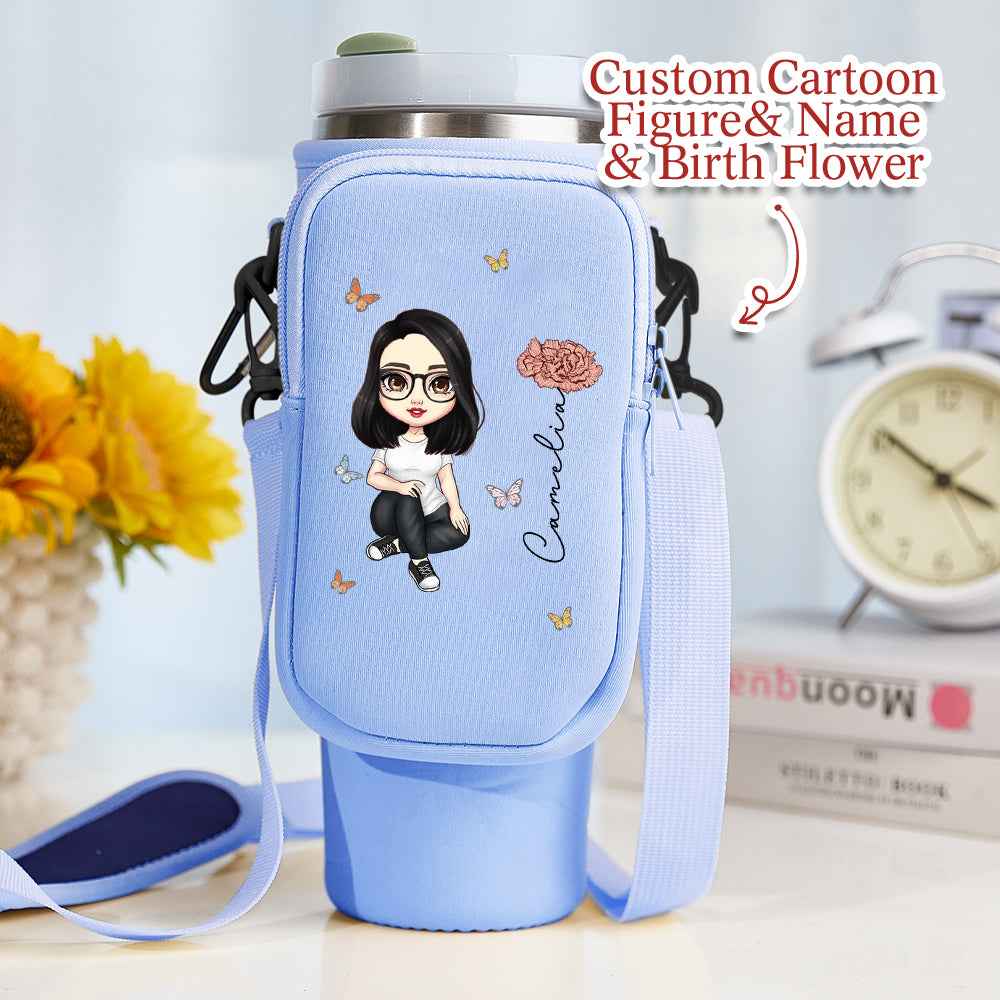 Personalized Cartoon Birth Flower Waterproof Bottle Carrier Bag for 40oz Stanley Tumbler Gift for Her