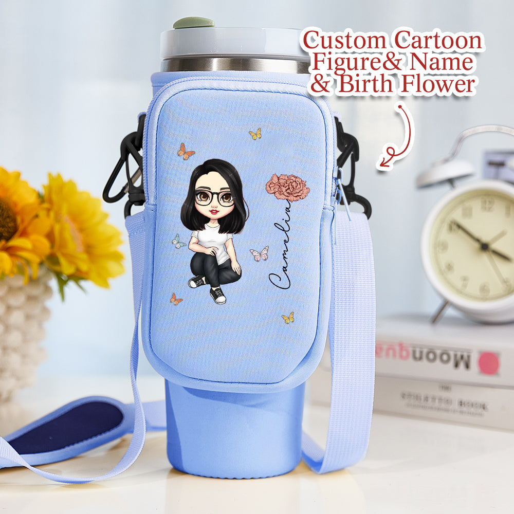 40oz Stanley Cup placed inside personalised birth flower carrier showing snug 24cm x 14cm neoprene fit and impact protection