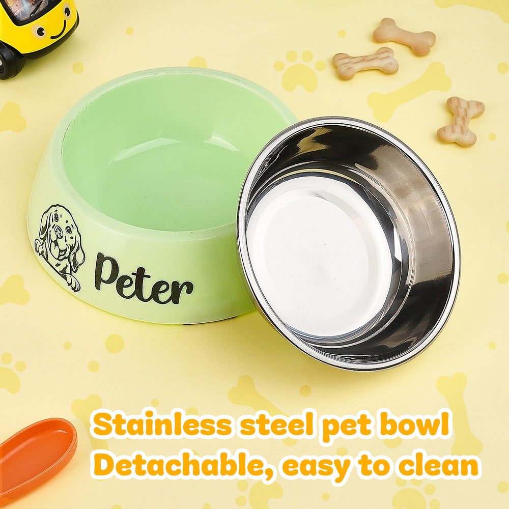 Top view of personalised engraved dog food bowl showing smooth stainless steel interior, easy to clean