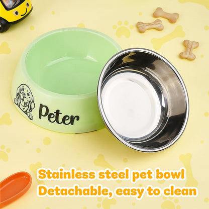 Top view of personalised engraved dog food bowl showing smooth stainless steel interior, easy to clean