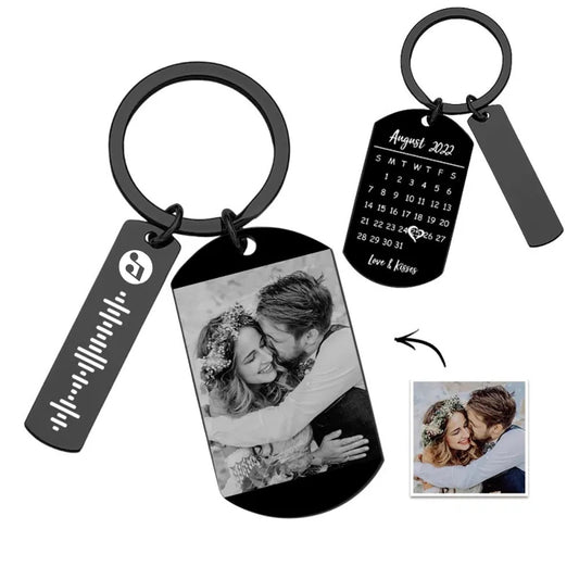 Personalised stainless steel photo calendar keyring showing full-colour couples photo and scannable music code – custom Valentine's Day gift