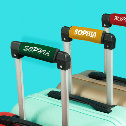 Personalised neoprene luggage handle wrap with custom photo print, durable soft-grip travel ID tag for suitcases