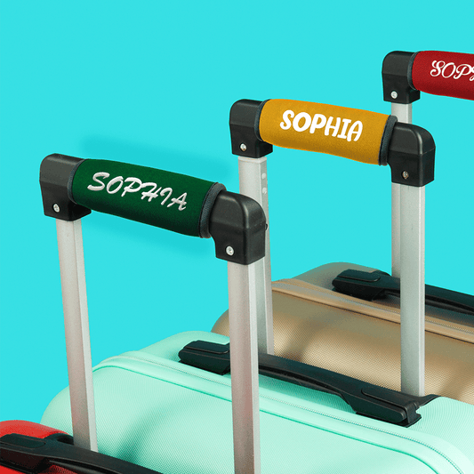 Personalised neoprene luggage handle wrap with custom photo print, durable soft-grip travel ID tag for suitcases