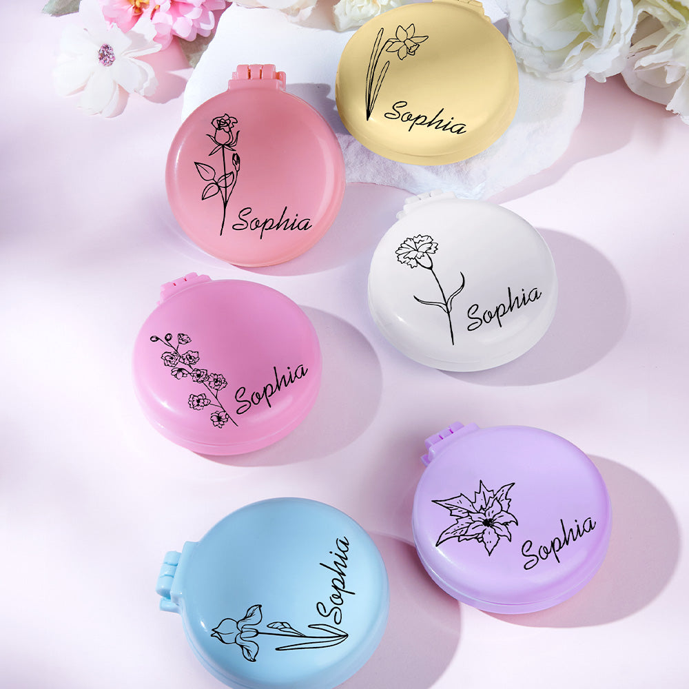 Personalised Foldable Mirror with Hair Brushes | Mini Birth Flower Cushion Mirror Comb Gift