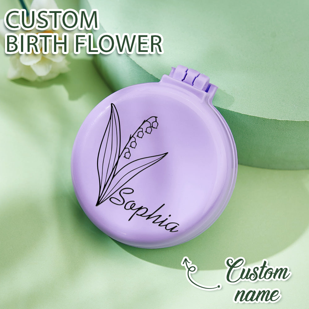 Personalised Foldable Mirror with Hair Brushes | Mini Birth Flower Cushion Mirror Comb Gift