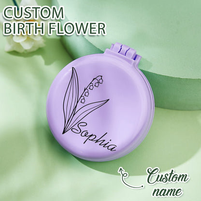 Personalised Foldable Mirror with Hair Brushes | Mini Birth Flower Cushion Mirror Comb Gift