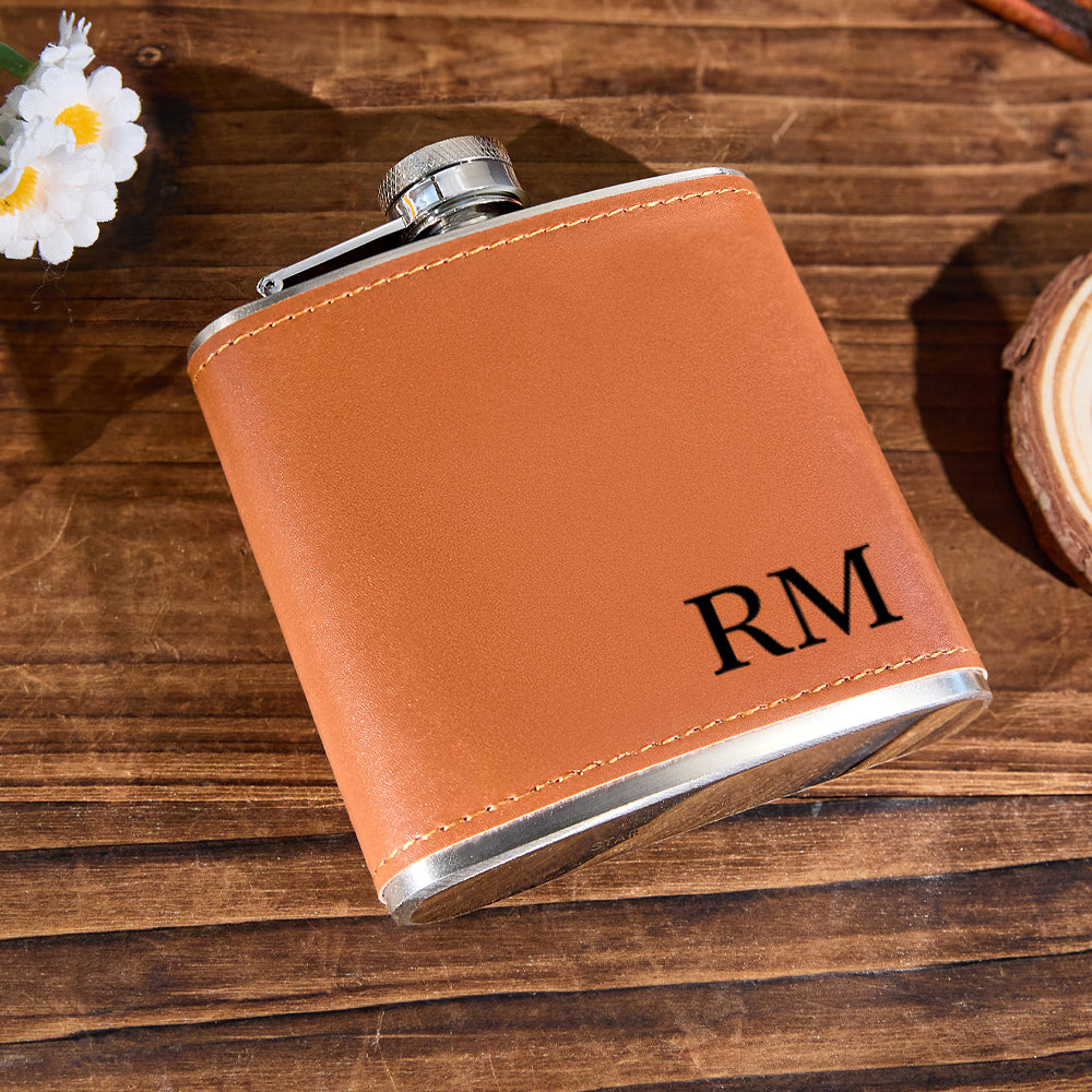 Hand saddle-stitched PU leather detail on personalised flask, highlighting artisanal craftsmanship and durable vintage-style stitching