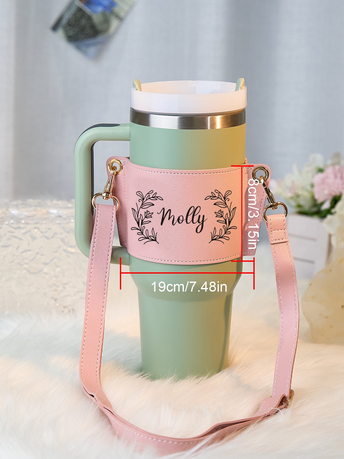 Interior and closure detail of personalised floral PU leather carrier for 40oz tumbler — secure hold and easy-to-clean interior