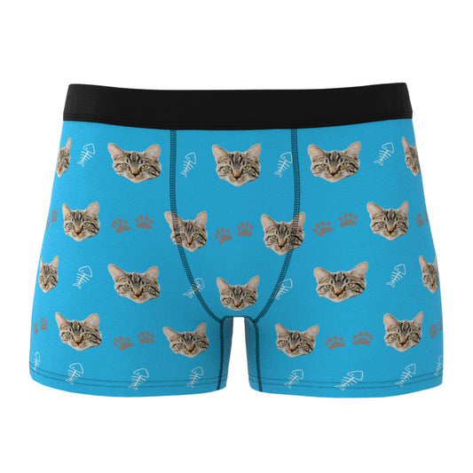 Front view of personalised men's boxer briefs with a bold custom cat face print — Custom Cat Face Boxer Shorts, photo-printed novelty underwear
