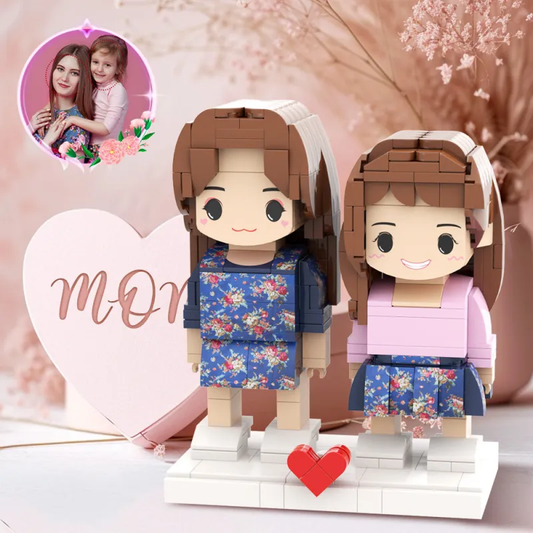 Personalised Mum & Daughter blue dress brick figures displayed together, custom two-person Mother's Day gift made-to-order from eco-friendly ABS