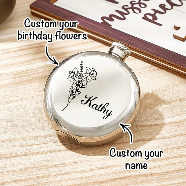 Personalised Name Flask with Birth Flower - Custom Bridesmaid Gift
