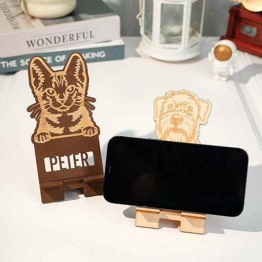 Mobile Phone Stand - Wooden Personalized Engraved Pet Portrait Gift for Pet Lovers