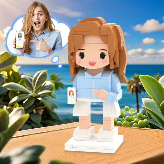 Customisable full-body personalised brick figure - front view of a single AI-generated head mini block toy on a coloured base, ideal personalised photo gift