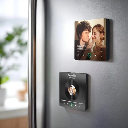 Close-up of FridgeBeats 4.0 personalised music fridge magnet playing — low‑power music module and durable acrylic personalised photo gift