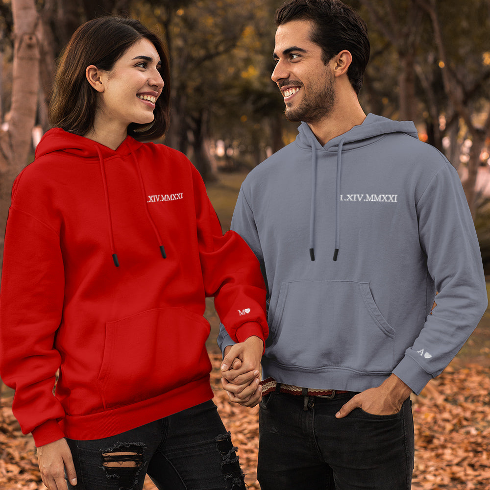 Close-up of embroidered logo and Roman numerals on cotton hoodie — personalised anniversary or memorial gift