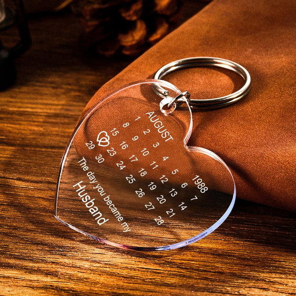 Personalised calendar keyring attached to keys on sturdy metal ring practical everyday photo keychain gift for him or her