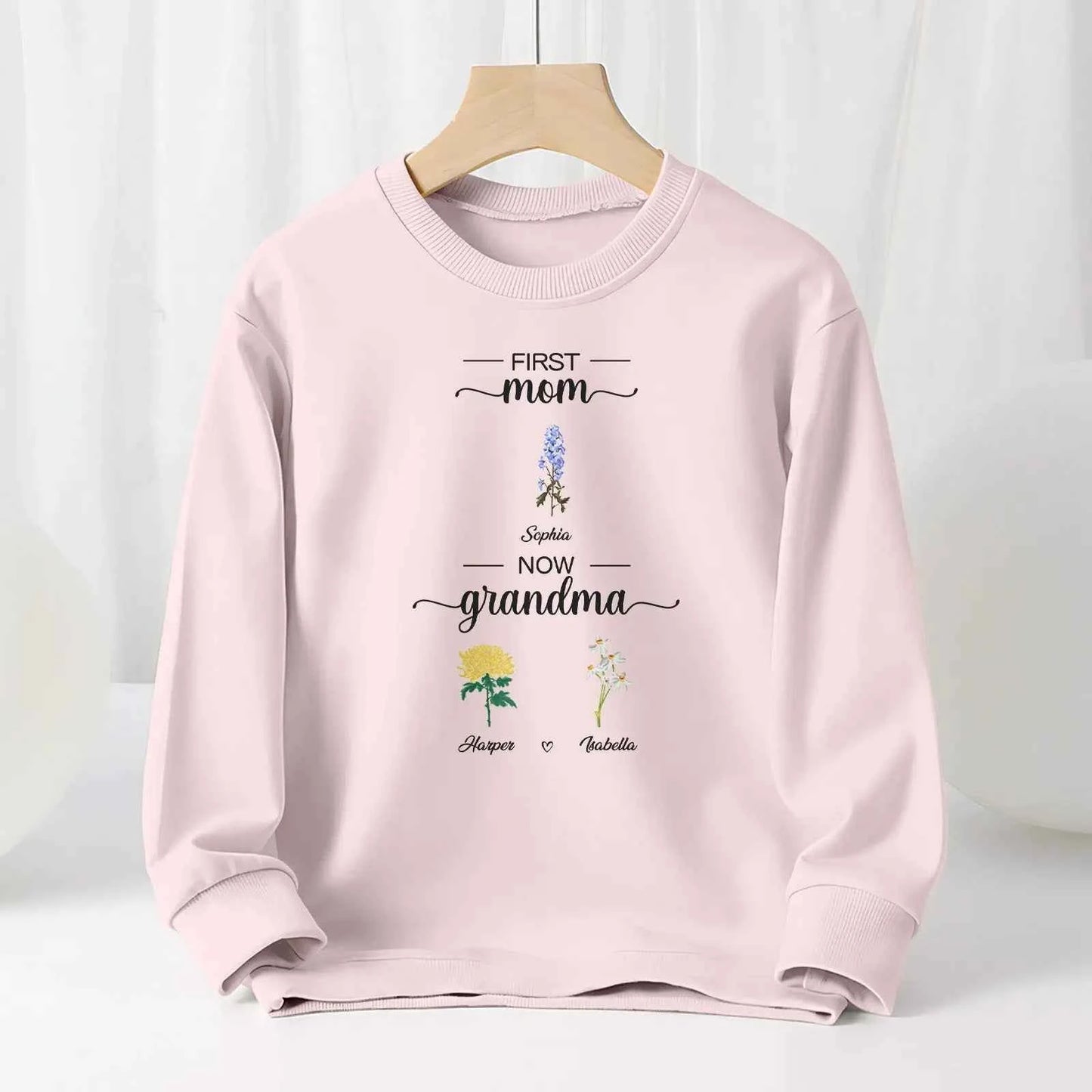 Personalized First Mom Now Grandma Sweatshirt Custom Birth Flowers Sweatshirts for Mother's Day Gift