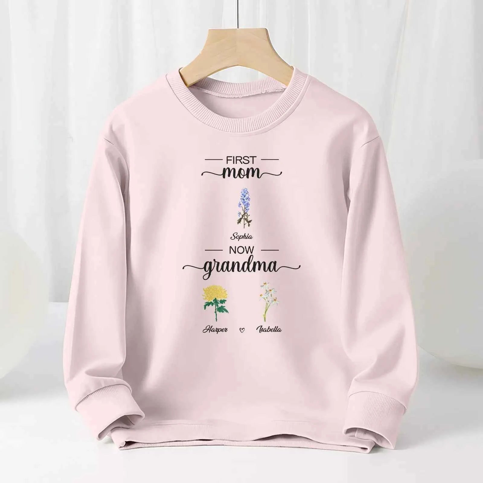 Personalized First Mom Now Grandma Sweatshirt Custom Birth Flowers Sweatshirts for Mother's Day Gift