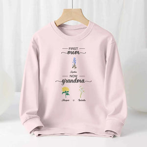 Personalized First Mom Now Grandma Sweatshirt Custom Birth Flowers Sweatshirts for Mother's Day Gift