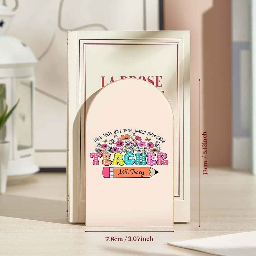 Personalized Wood Bookends with Name Pencil Floral Bookend Back to School Gift for Teacher