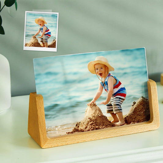 Personalised wooden photo plaque with baby photograph and engraved name and date — custom wooden photo frame ornament, perfect personalised baby gift keepsake
