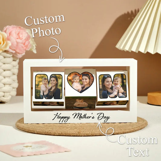 Personalised Rotating Photo Frame Cube Stand displaying six custom photos on a bedside table – 360° rotating PLA photo cube keepsake gift for Mum