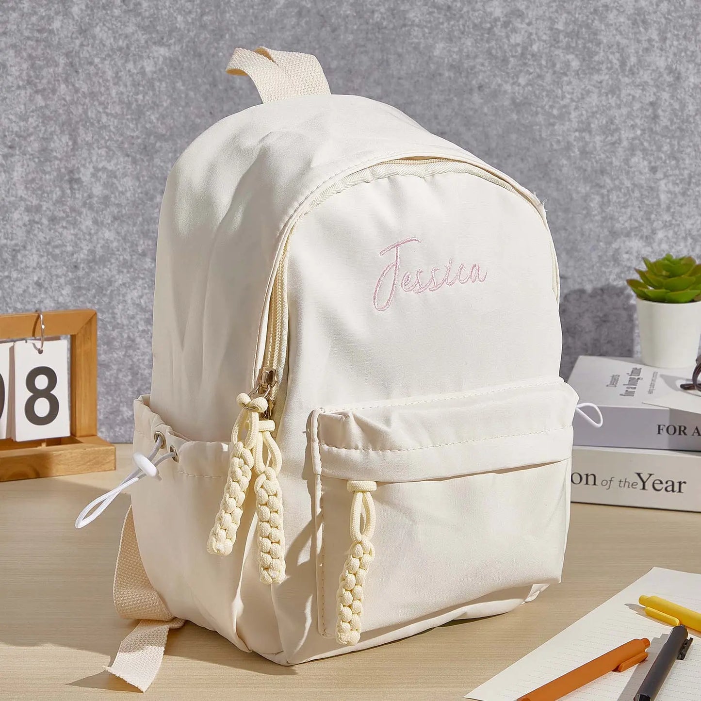 Personalised embroidered kids backpack with name on front – pink nylon school bag, ideal back-to-school gift for girls